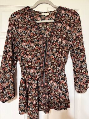 Max Studio Black Floral V-Neck Boho Top with Rust and Cream Accents